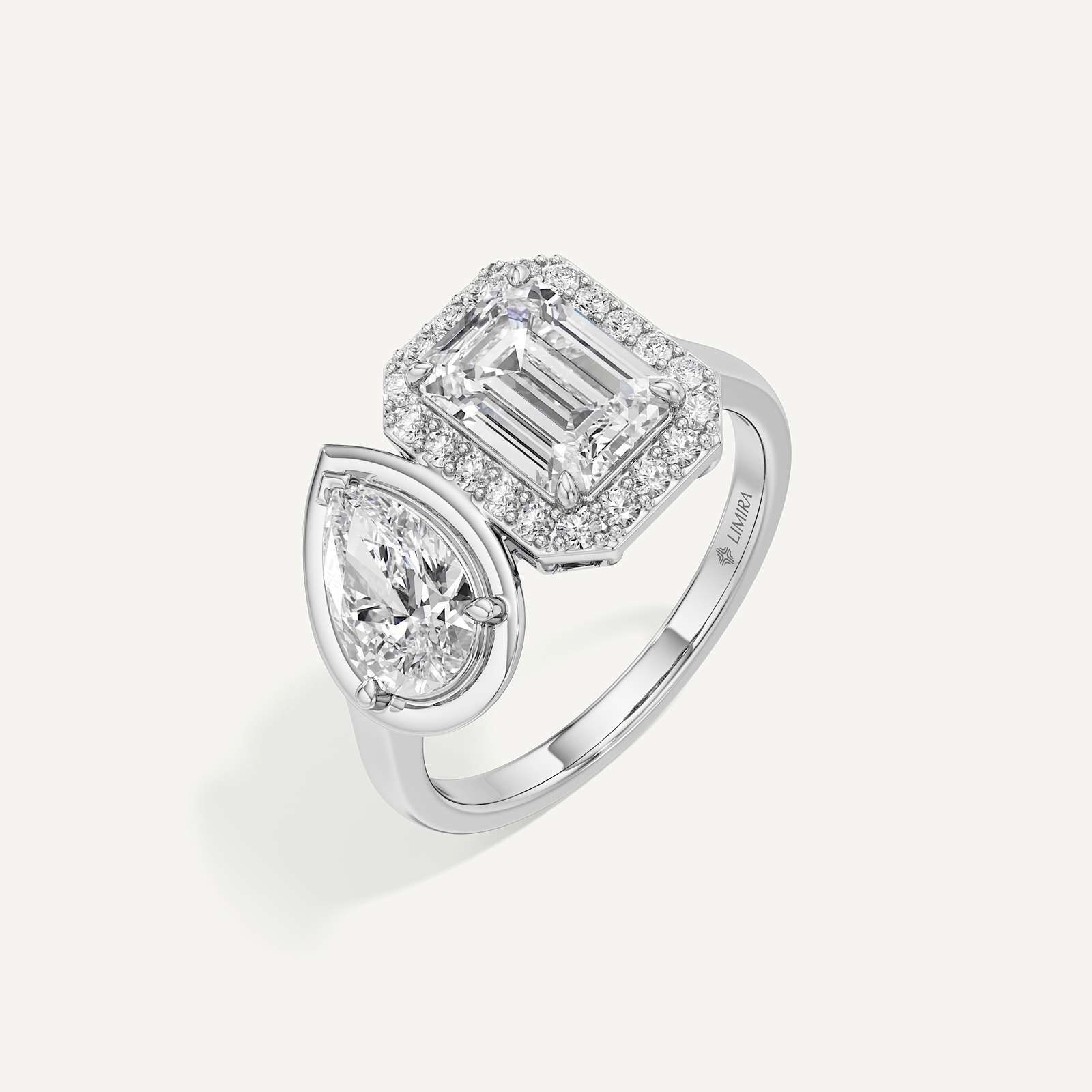 Emerald & Pear Three Prong Toi et Moi Diamond